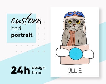 Custom Pet Portrait For Christmas Gift | Funny Caricature Line Art Pet Portrait | Personalized Cat Ugly Portrait | Dog Cat Ugly Portrait