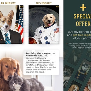 Może przedstawiać: Obraz promocyjny z portretami zwierząt. Jeden portret przedstawia psa ubranego jako prezydent, drugi jako astronauta. Obraz zawiera tekst: "YOUR PET'S FACE ON ANY PORTRAIT" i "SPECIAL OFFER".