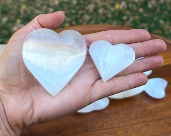 Polished Selenite Crystal Heart, Crystal Cleansing, White Healing Stone, Meditation Tool, Acrylic Display Stand Option, Morocco Selenite