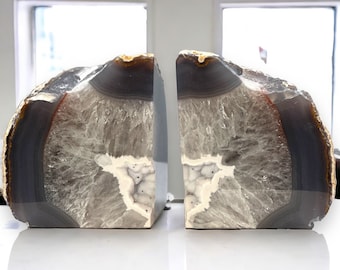 Agate Crystal Bookends w/ Geode Center, Natural Stone, Bookshelf Decor, Unique gift, Book Lovers Gift, Weighs Over 5+ lbs. (EG)
