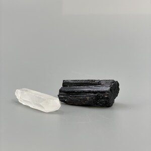 May include: A black and white crystal set. The black crystal is a long, rectangular shape with a rough texture. The white crystal is a clear, pointed shape.