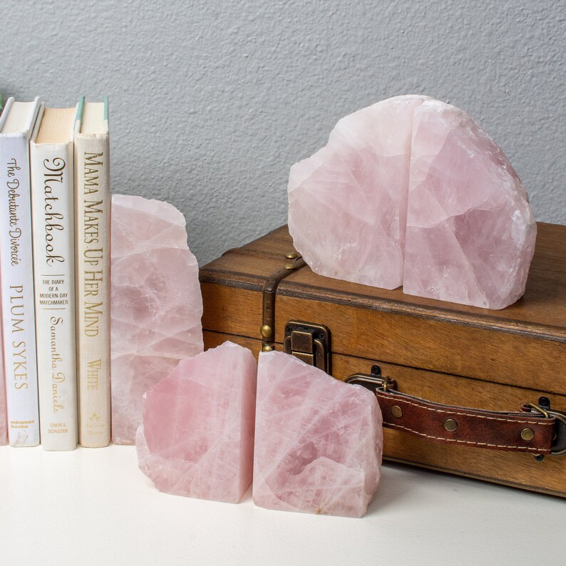 Flawless Natural Rose Quartz Bookends, Pink Crystal Bookends, Pink Bookshelf, Boho Luxe, Home Décor, Crystal Meaning Card Included image 4