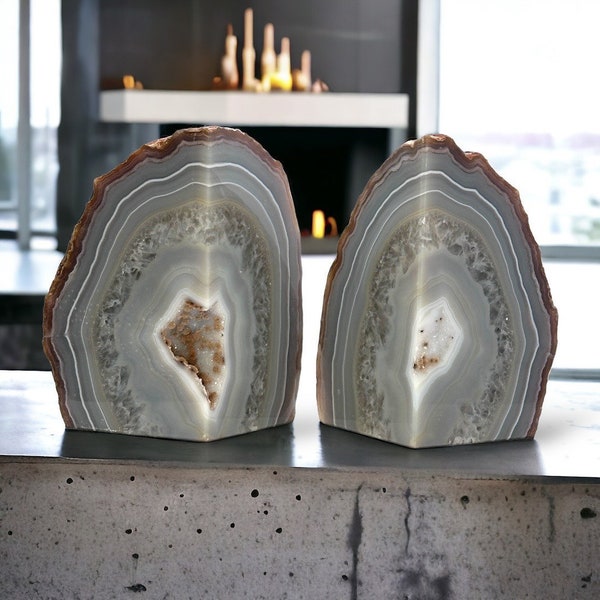 Crystal Bookends w/ Heart Shaped Geode Center, Natural Stone Heart, Bookshelf Decor, Love Gift, Book Lovers Gift, Weighs Over 4+ lbs. (FI)