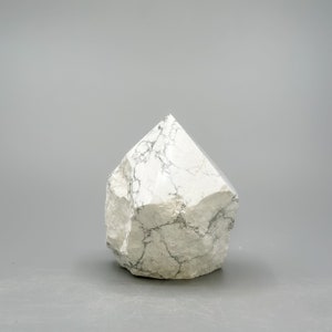 May include: White Howlite crystal point with a rough, natural texture and gray veining. The crystal is shaped like a pyramid with a pointed top.