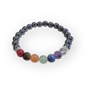 Hematite Chakra Bracelet Healing 7 Chakra Gunmetal Balance Beads Stone Bracelet w Drawstring Pouch and Crystal Meaning Card