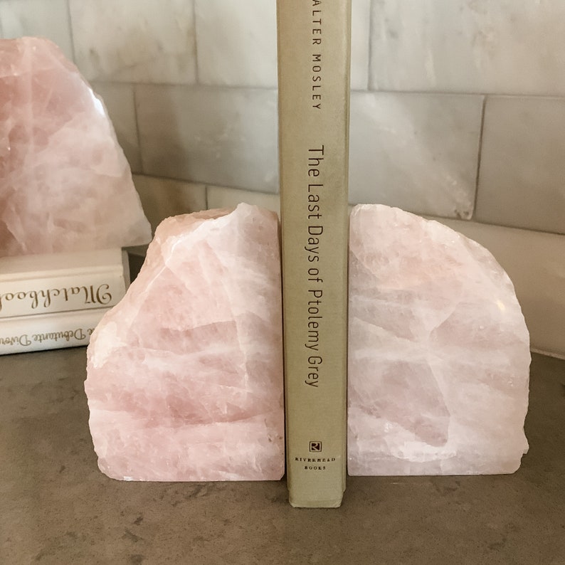Flawless Natural Rose Quartz Bookends, Pink Crystal Bookends, Pink Bookshelf, Boho Luxe, Home Décor, Crystal Meaning Card Included image 9