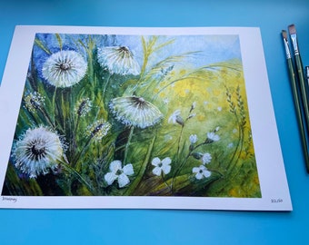 A3 Print of Summer Meadow Flowers, Signed Limited Edition Print, Dandelion Wall Art for Bedroom, Living  Room, Hall, Floral Art for Office