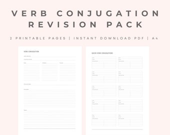 May include: Two printable pages for verb conjugation practice. The first page has a section for verb conjugation with space for the infinitive, present, and future tenses. The second page has a quick verb conjugation section with space for 10 verbs.