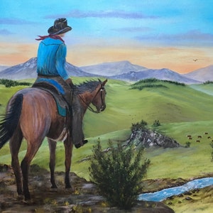 Morning Ride, Original Oil Painting by J. Moore,  Cowboy, Horse, creek, view