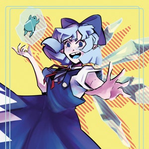 May include: Illustration of a character with light blue hair and a blue dress, set against a yellow background with diagonal orange stripes. The character is smiling and holding a small, frozen frog. The image has a cartoon style.
