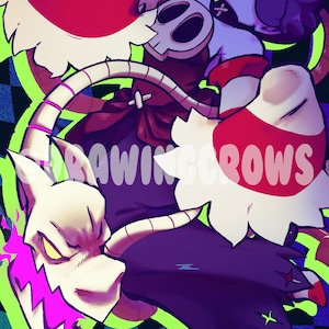 May include: A digital illustration featuring a character with dark hair, a skull emblem, and red accents, accompanied by a skeletal creature with a glowing pink mouth. The background displays a black and teal checkered pattern with the text DRAWINGCROWS.