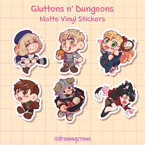 May include: Six colourful matte vinyl stickers featuring cartoon characters in various poses. The stickers are themed around the phrase "Gluttons n' Dungeons".