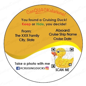 Gold Customized Duck Tags: Theme Cruise Round Duck Tags with QR code / Customized with your Personal Information