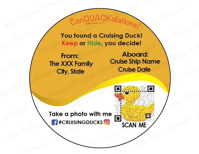 Gold Customized Duck Tags: Theme Cruise Round Duck Tags with QR code / Customized with your Personal Information