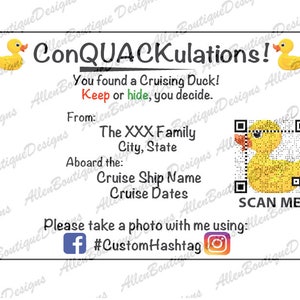 Customized Duck Tags: General w/ QR Code / Customized with your Personal Information / Cruise Duck Tags
