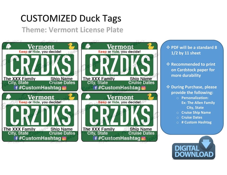 Vermont License Plate / Cruise Duck Tags / Customized with your Personal Information / Cruising Ducks / Duck Tag zdjęcie 2