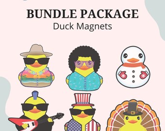 Könnte beinhalten: Paket mit Entenmagneten. Die Magnete zeigen Cartoon-Enten in verschiedenen Outfits, darunter ein Hawaiihemd, ein Schneemann, ein Rockstar und ein patriotisches Design. Der Text "BUNDLE PACKAGE Duck Magnets" wird oben angezeigt.