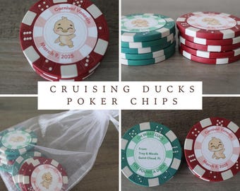 Puede incluir: Fichas de póker rojas y verdes con un diseño de pato. Las fichas tienen el texto "Carnival Venezia" y "March 9, 2025". Las fichas verdes tienen el texto "Oh What Luck" y "You Found A Duck".