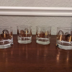 Mid Century Roman Gold Coin Rocks Glasses -Set of 4