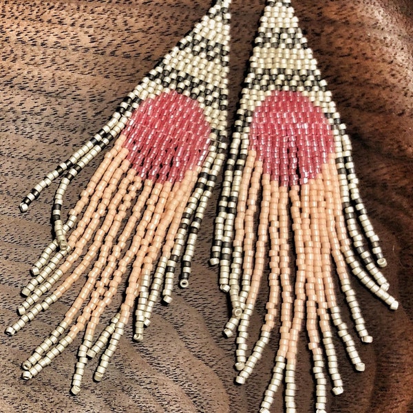 Sassy Sunset-Cherokee hand beaded earrings, colors of opal, pinks and grey