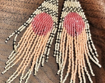 Sassy Sunset-Cherokee hand beaded earrings, colors of opal, pinks and grey