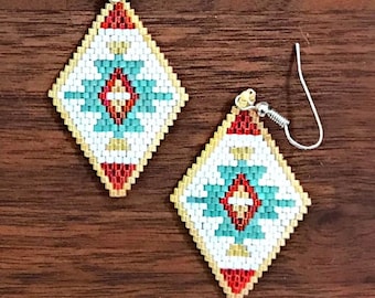 Native Diamonds-Cherokee hand beaded earrings, colors of white, red, yellow and turquoise