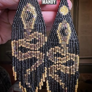 Cherokee Hand Beaded Snake Earrings - black and golds