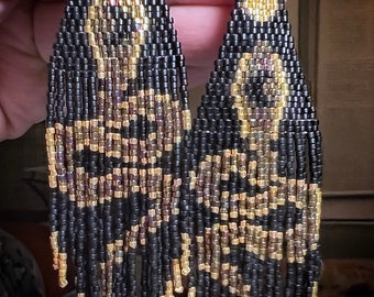 In the Night-Cherokee hand beaded earrings, colors of black and golds