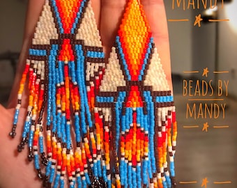Tribal Thoughts-Cherokee hand beaded earrings, colors of cream, blue, red, orange, light orange and brown