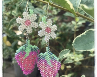 Strawberry Sherbet-Cherokee hand beaded earrings, colors of pink, greens, white and silver