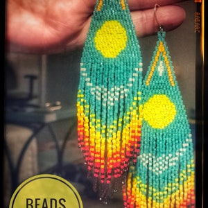 Sun Risen-Cherokee hand beaded earrings, colors of turquoise, yellow, white, orange, red and brown
