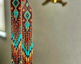 Autumn Jewels-Cherokee hand beaded earrings, colors of brown, turquoise, black and gold