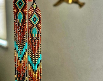 Autumn Jewels-Cherokee hand beaded earrings, colors of brown, turquoise, black and gold