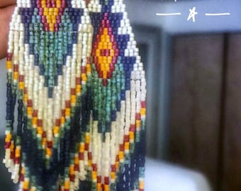 Cherokee Trails-Cherokee hand beaded earrings, colors of white, navy, teal, burgundy and light orange