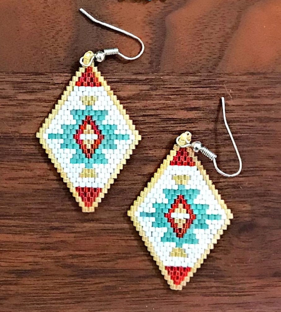 Native Diamonds-Cherokee hand beaded earrings, colors of white, red, yellow and turquoise