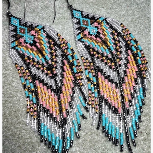 In Bloom-Cherokee hand beaded earring with colors of clear, turquoise, gunmetal, pink, soft brown, and topaz