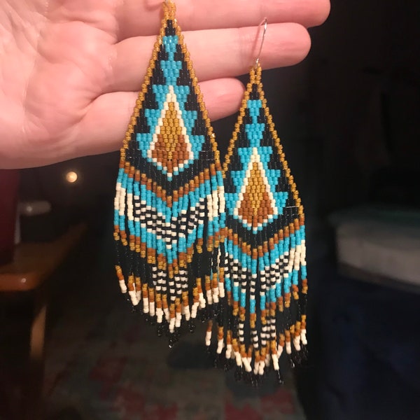 Desert Daze-Cherokee hand beaded earrings, colors of turquoise, browns, cream and black