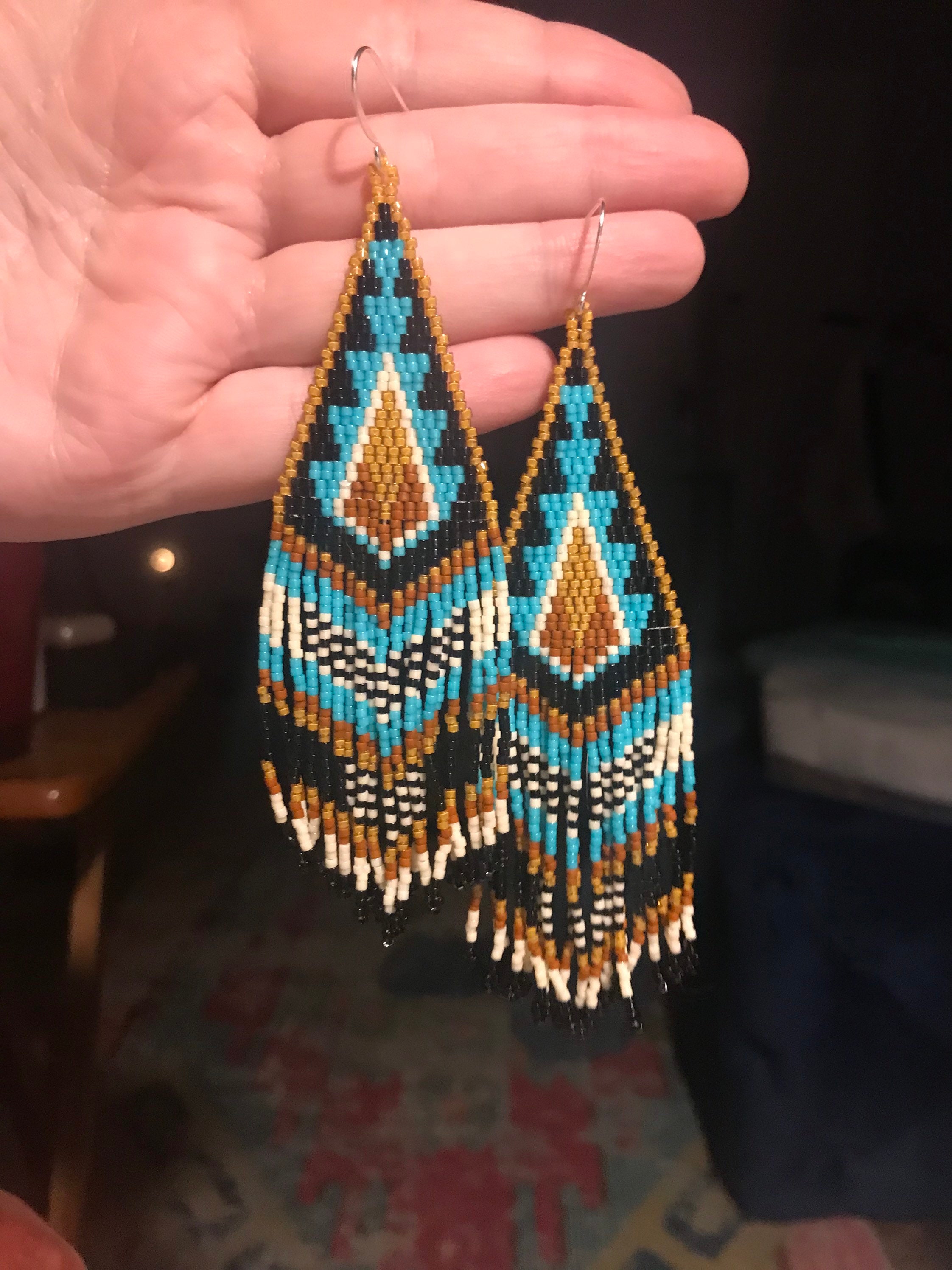 Desert Daze-Cherokee hand beaded earrings, colors of turquoise, browns, cream and black