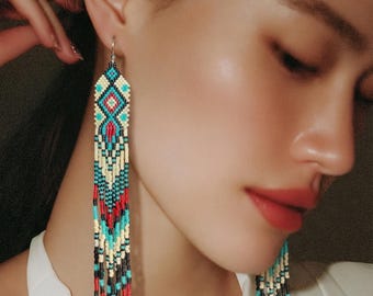 Boucles d'oreilles Cherokee -In Dreams- crème, bordeaux, bleu sarcelle et noir