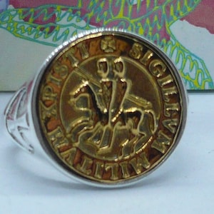 Knight Templar ring in solid 925 sterling silver gold plated seal anello sigillo dei Templari in argento 925