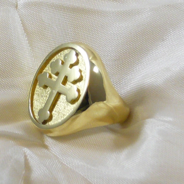 Lorraine cross ring in solid yellow gold plated sterling silver anello croce di lorena in argento 925 millesimi dorato Magnum PI