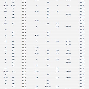 May include: A chart comparing ring sizes in different countries, including the United Kingdom, Italy, Switzerland, USA, Canada, France, Japan, Germany, and the corresponding circumference in millimeters.