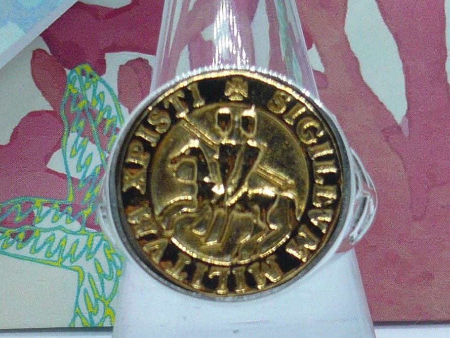 Knight Templar ring in solid 925 sterling silver gold plated seal anello sigillo dei Templari in argento 925