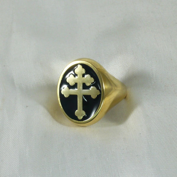 Lorraine cross ring in solid yellow gold plated sterling silver anello croce di lorena in argento 925 millesimi dorato Magnum PI