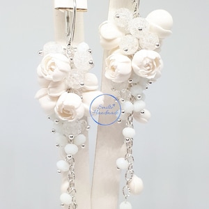Handmade flower earring with Silver clasp, Floral Bridal jewelry, White long polymer clay earrings, Peony flower wedding jewelry