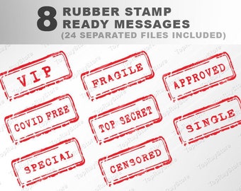 Paket med 8 färdiga gummistämplar, meddelanden SVG, stämpeleffekt, Ömtåliga, Godkända, Special, etc. Klippfiler, svg, eps, png-bilder, direktnedladdning