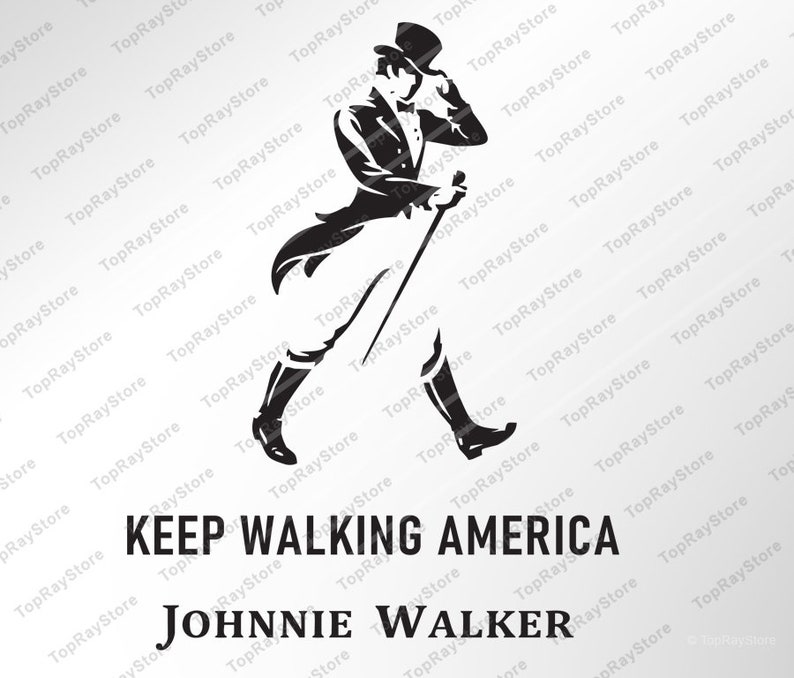 May include: Black and white logo of a man in a top hat and tails walking with a cane. The text "KEEP WALKING AMERICA JOHNNIE WALKER" is below the image.