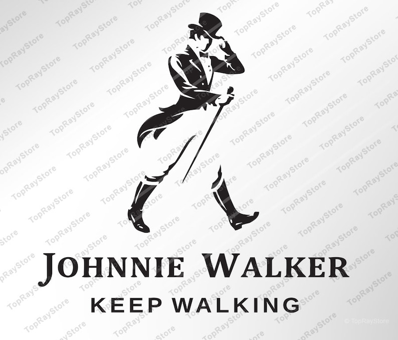 May include: Black and white logo of a man in a top hat and tails walking with a cane. The text "JOHNNIE WALKER KEEP WALKING" is below the image.
