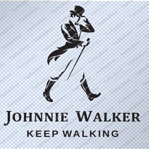 May include: Black and white logo of a man in a top hat walking with a cane. The text "JOHNNIE WALKER KEEP WALKING" is below the image.