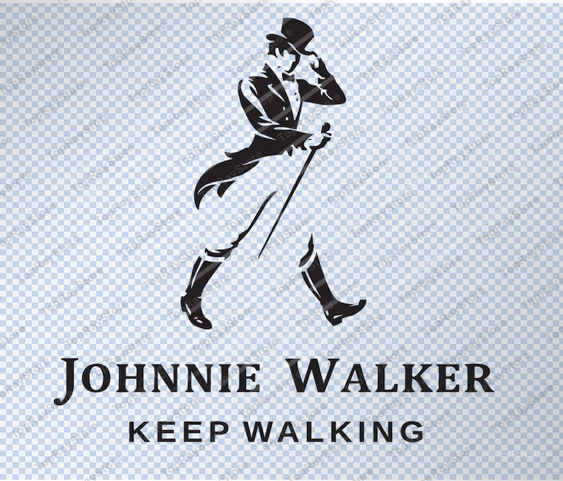 May include: Black and white logo of a man in a top hat walking with a cane. The text "JOHNNIE WALKER KEEP WALKING" is below the image.